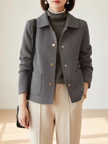 时尚简约女士翻领单排扣高品质短款羊毛大衣，休闲宽松纯色长袖复古优雅风格，搭配时尚单品，女士冬季羊毛大衣 - 深灰色 - 查看 4
