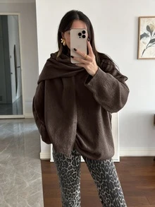 女款秋冬純色簡約針織毛衣套裝附圍巾，時尚優雅毛衣套裝 - 咖啡 - 查看 2