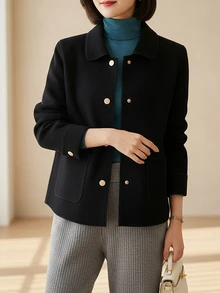 極簡女款翻領單排扣短款大衣，休閒寬鬆純色長袖復古優雅風，冬季黑色秋季 - 黑色 - 查看 4