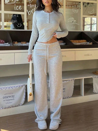 Conjunto de estilo de calle minimalista y casual de unicolor para mujer, con blusa de manga larga y pantalones