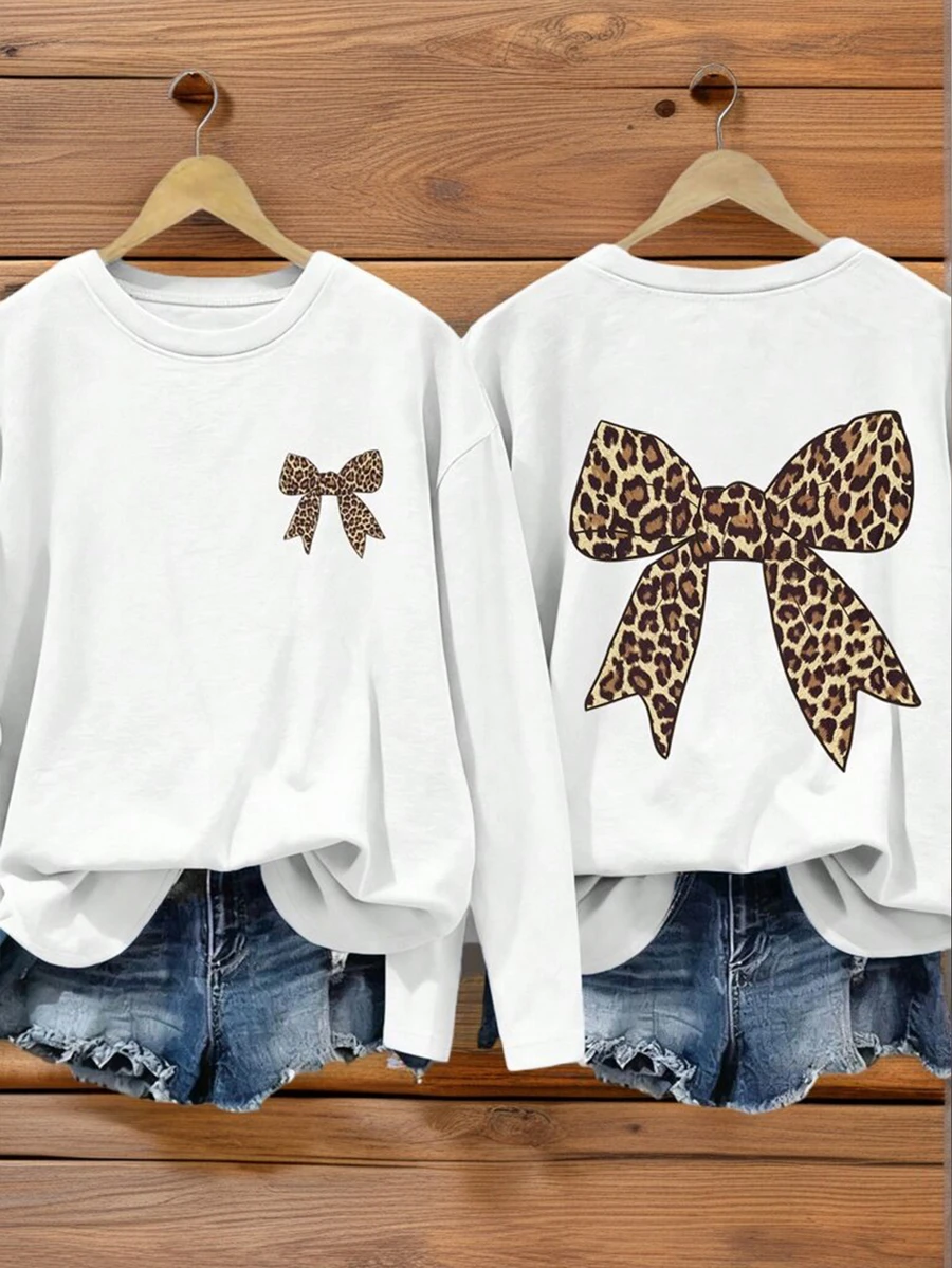 1件少女休闲蝴蝶印花长袖T恤,舒适百搭,适合年轻学生,秋冬季穿着 - 白色 - 查看 1