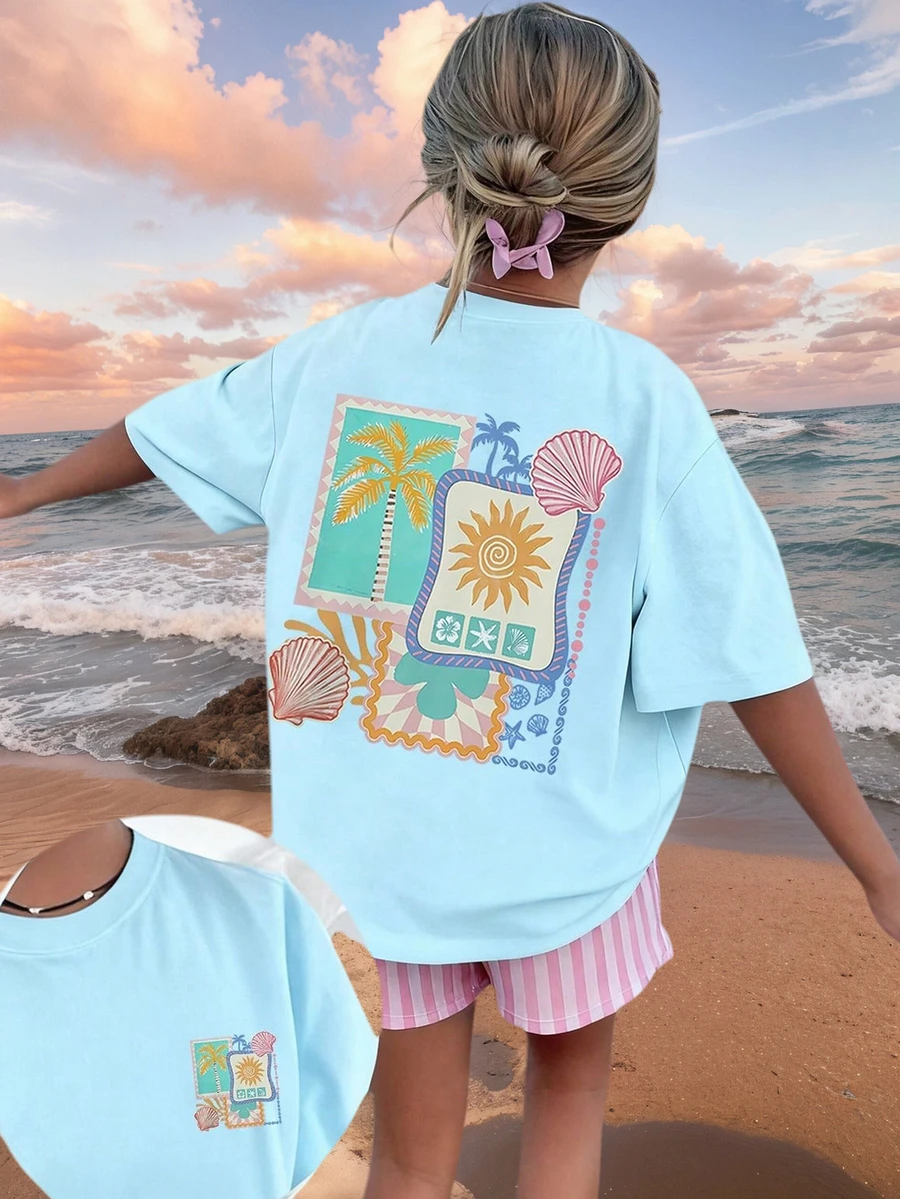 Áo thun tay ngắn in hình cho bé gái tuổi mới lớn, Áo thun thường ngày cho học sinh, Đồ chơi mùa hè cho bé gái - Màu xanh lam - Xem 1