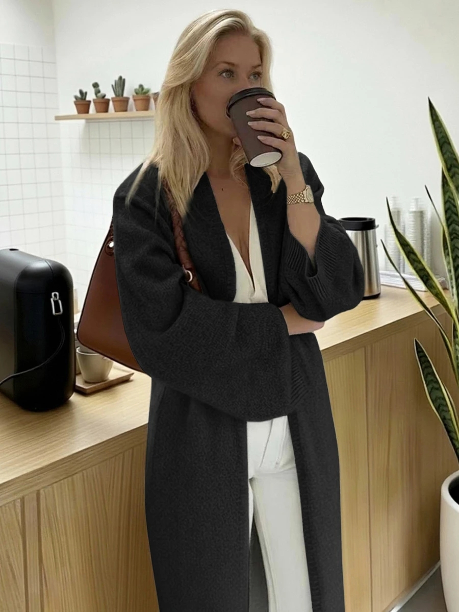 FOR BEAUTY V领宽松开衫，女士时尚百搭长款针织毛衣外套，黑色开衫，新年必备