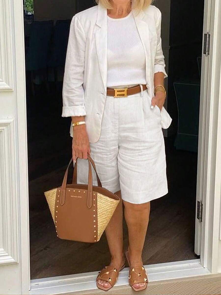 2pcs Women Spring/Summer/Autumn Casual Loose Button-Up Jacket And Shorts Set - White - View 1