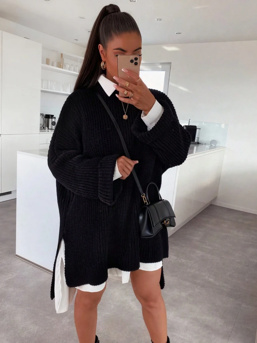 Women's Solid Color Knit Pullover Sweater With Slit, Oversized Fit, Fashionable & Elegant, Loose Design Suitable For Home & Vacation, Minimalist & Chic Black - Black - View 1