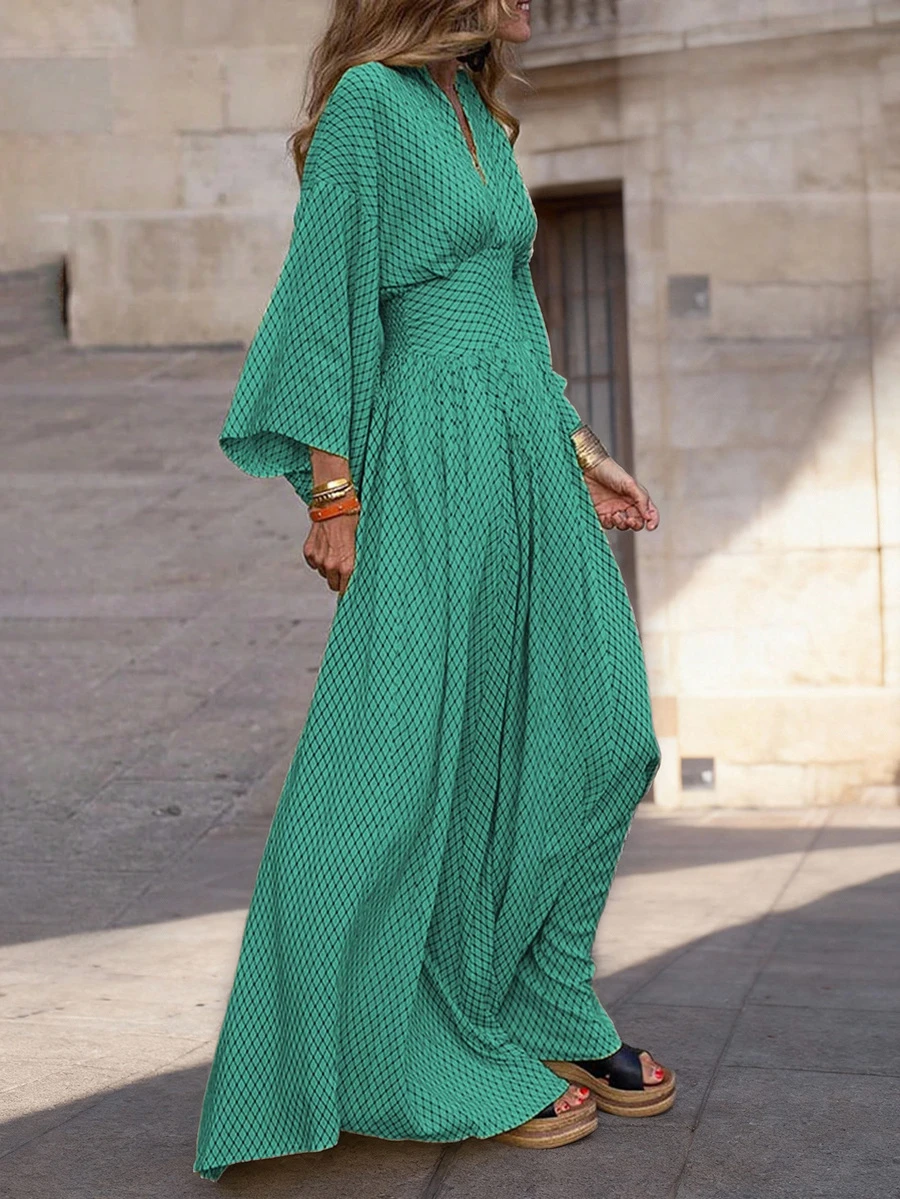 2026春秋新品：休闲时尚，轻盈透气，薄款设计，优雅度假风，法式简约，数码格纹印花长袖宽松V领连衣裙，女装，秋季服装，秋季连衣裙，女士秋季连衣裙，返校连衣裙，女教师装，外出服装，女士约会服装，女士婚礼宾客连衣裙，婚礼宾客连衣裙。 - 綠松石色 - 查看 1