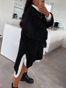 Women's Solid Color Knit Pullover Sweater With Slit, Oversized Fit, Fashionable & Elegant, Loose Design Suitable For Home & Vacation, Minimalist & Chic Black - Black - View 2