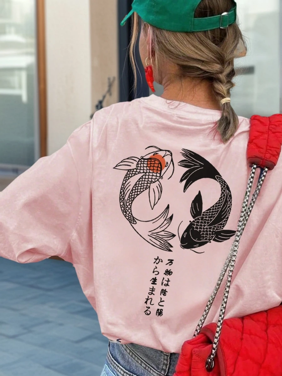 女士休闲鲤鱼印花圆领短袖T恤，时尚百搭上衣 - 粉色 - 查看 1