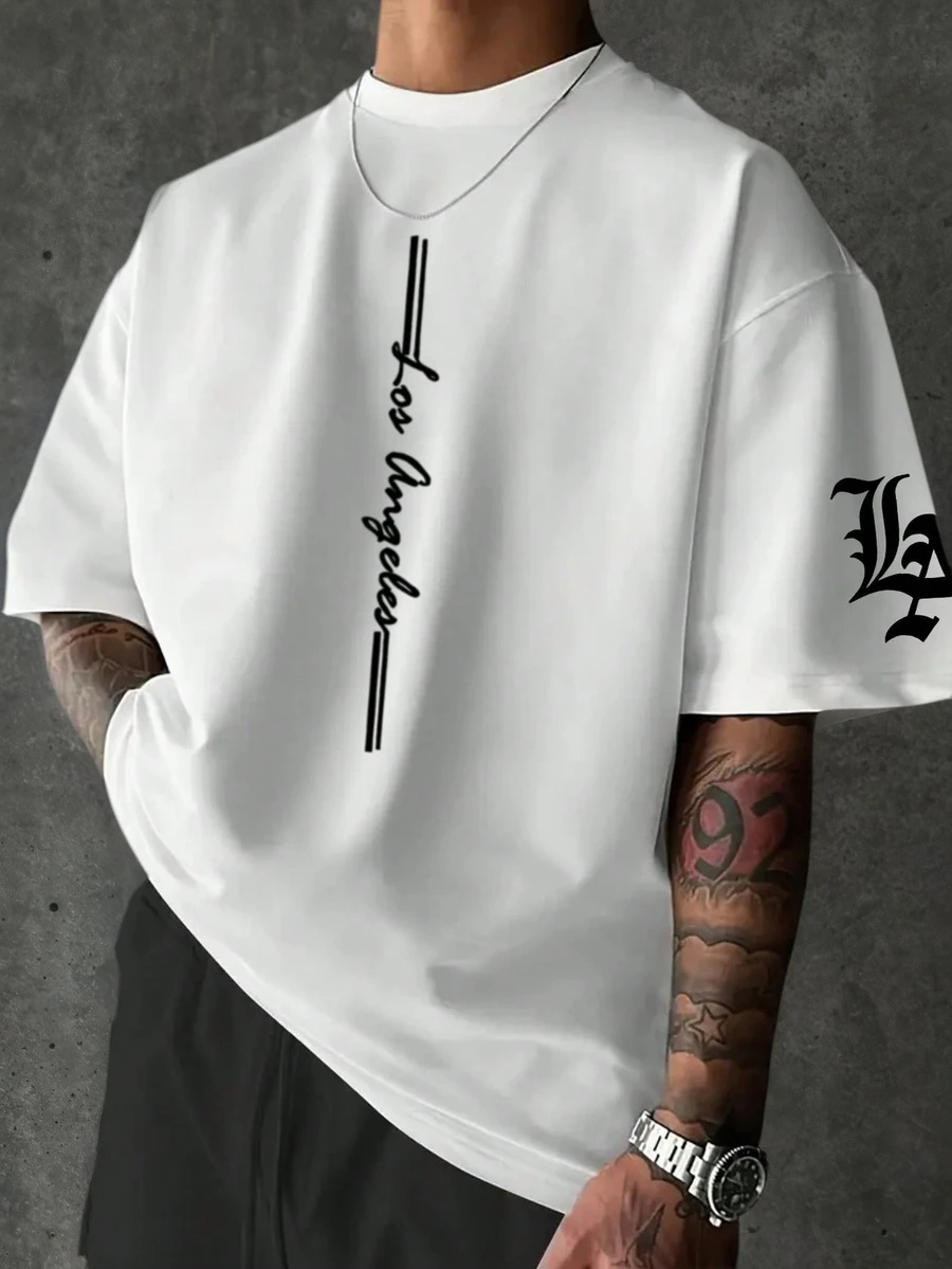 Men's Personalized Street Fashion Minimalist Letter Print Short Sleeve T-Shirt, Comfortable Breathable, For Summer Wear