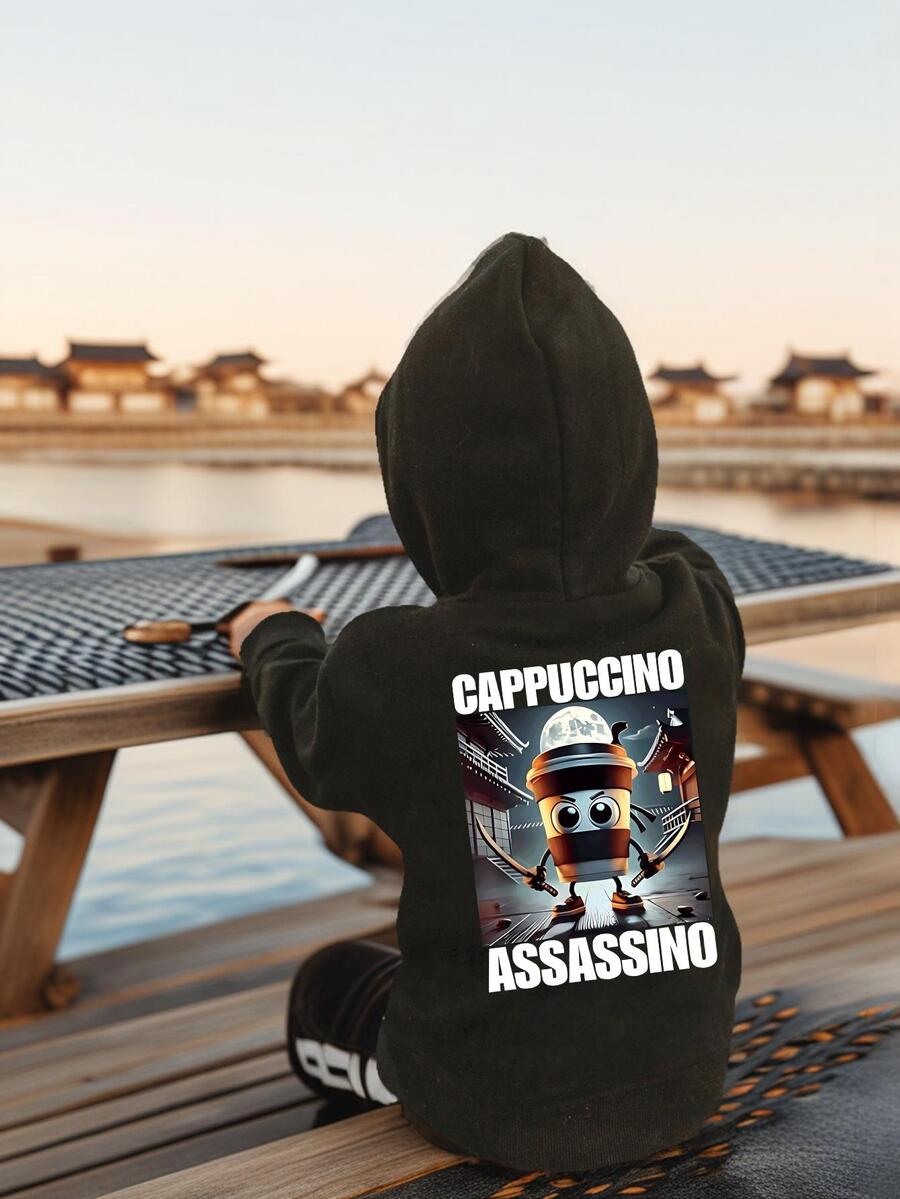 1 pezzo Felpa con cappuccio casual stampata per ragazzo giovane, foderata termicamente, manica lunga, adatta per autunno/inverno - Felpa con personaggio ispirazionale a fumetti Shanhaijing Coffee - nero - Visualizzare 1