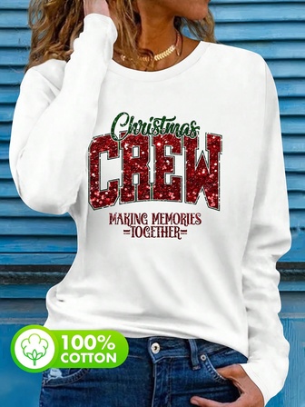 女士白色 100% 棉秋季经典圣诞红绿配色圆领简约休闲日常加大码上衣，闪亮红色字母印花女士上衣，精美英文艺术字母印花女士长袖T恤，圣诞主题印花女士长袖T恤。