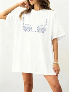 Women's Summer Bikini Shell Pattern Print Round Neck Short Sleeve Simple Casual Daily White Plus Size T-Shirt Tops, Bikini Pattern T-Shirt, Bikini T-Shirt, Underwear Top T-Shirt - White - View 1