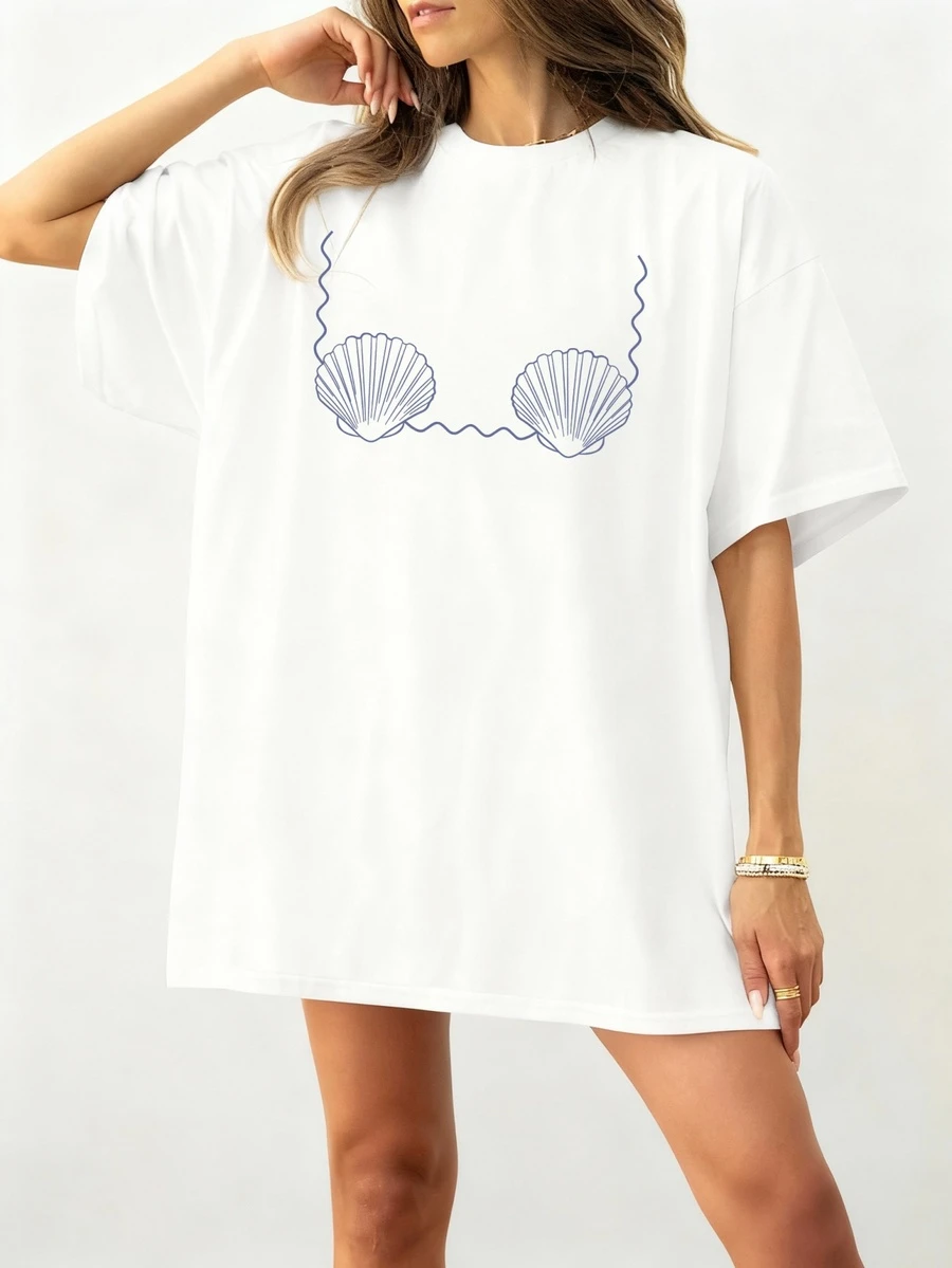 Women's Summer Bikini Shell Pattern Print Round Neck Short Sleeve Simple Casual Daily White Plus Size T-Shirt Tops, Bikini Pattern T-Shirt, Bikini T-Shirt, Underwear Top T-Shirt - White - View 1