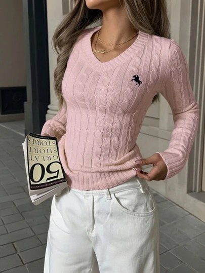 1 pièce Pull simple à col V et manches longues pour femmes, décontracté et élégant, Top à manches longues, blanc, convient pour l'automne/hiver rose