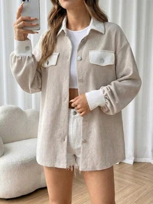 Women's Casual Contrast Color Button Front Corduroy Shacket, Minimalist Collegiate Style For Commute And Daily Wear, Long Sleeve Autumn/Winter Outerwear - Apricot - View 2