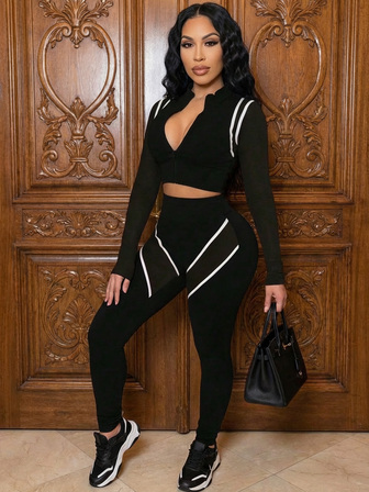 2 件套女式纯色拼布长袖休闲上衣和裤子套装