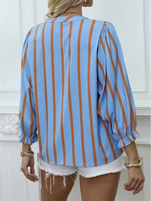1pc Women Plus Size Casual V-Neck Ruffle Sleeve Striped Print Loose Blouse, Blue/Pink, Spring/Summer/Autumn - Blue - View 2