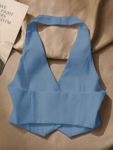 Top sin mangas con espalda descubierta casual para mujer, con botones delanteros, estilo elegante, para verano - Celeste - Ver 2