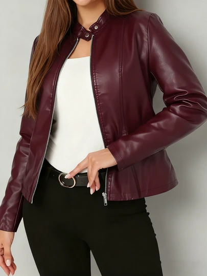 Women's Fashionable Casual Solid Color Long Sleeve Motorcycle Style Zipper PU Leather Jacket, Suitable For Spring, Autumn And Winter