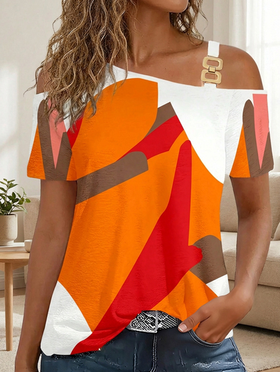 Color Block Geometric Open Shoulder Short Sleeve Top, Metal Buckle Design, Fashionable & Versatile