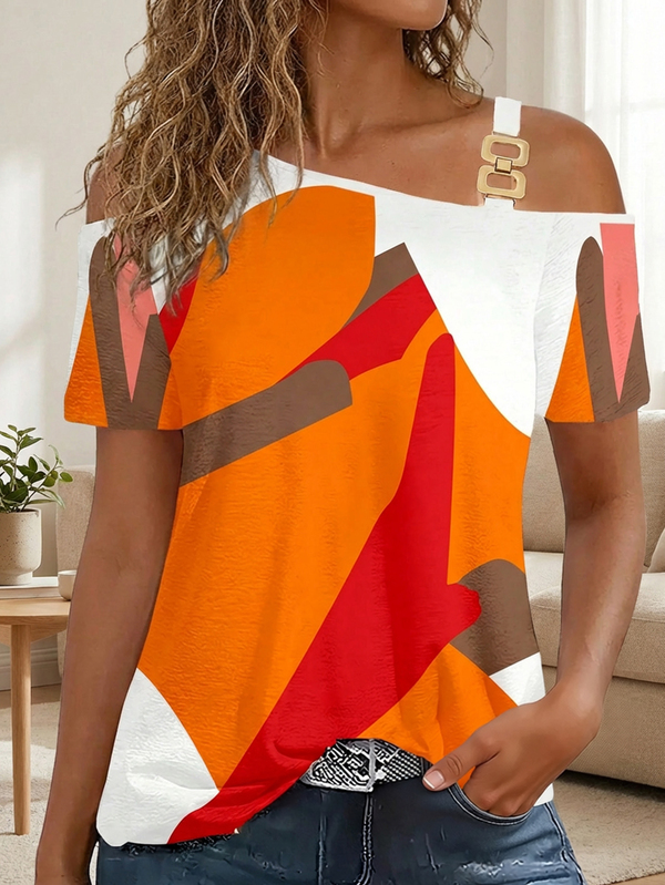 Color Block Geometric Open Shoulder Short Sleeve Top, Metal Buckle Design, Fashionable & Versatile