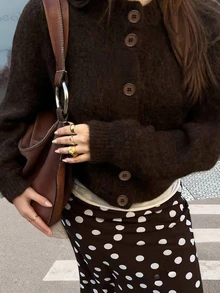 女士秋冬休闲优雅慵懒圆领长袖纽扣开衫毛衣上衣，女士加大码纯色休闲针织开衫，秋冬季，圣诞新年 - 棕色 - 查看 3