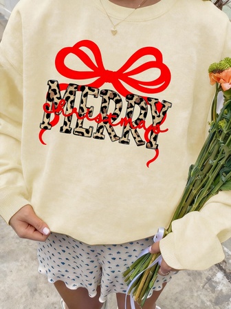女士加大码俏皮豹纹圆领休闲运动上衣，适合秋冬季节；俏皮红色蝴蝶结印花女士运动上衣；红色艺术字母印花女士秋冬装；圣诞主题印花秋冬上衣。