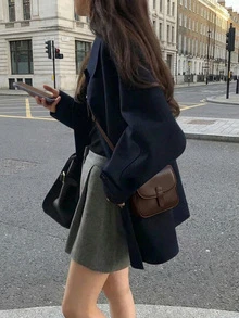 女士休闲羊毛混纺夹克，女士外套，中长款大衣，纯色梭织常规厚度面料，前襟纽扣开合，适合日常、上学、办公、早午餐等场合。 - 藏蓝色 - 查看 3