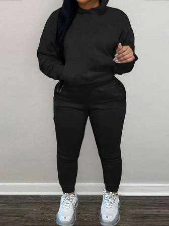 Fashion Plus Size Women's Hooded Sweatshirt With Large Pockets, Autumn And Winter Streetwear Set