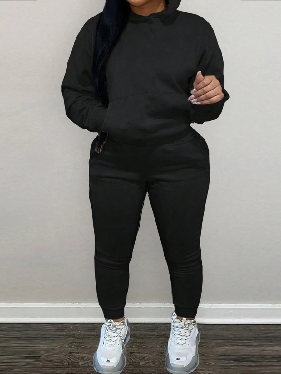 Fashion Plus Size Women's Hooded Sweatshirt With Large Pockets, Autumn And Winter Streetwear Set