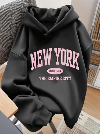 1 件女童休闲印花连帽运动衫，舒适套头连帽上衣，适合学生，秋冬