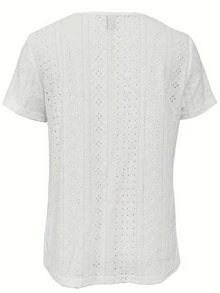 Perforated Embroidery Square Neck T-Shirt, Casual Short Sleeve Pleated Front Top, Women Apparel For Spring/Summer - White - View 2