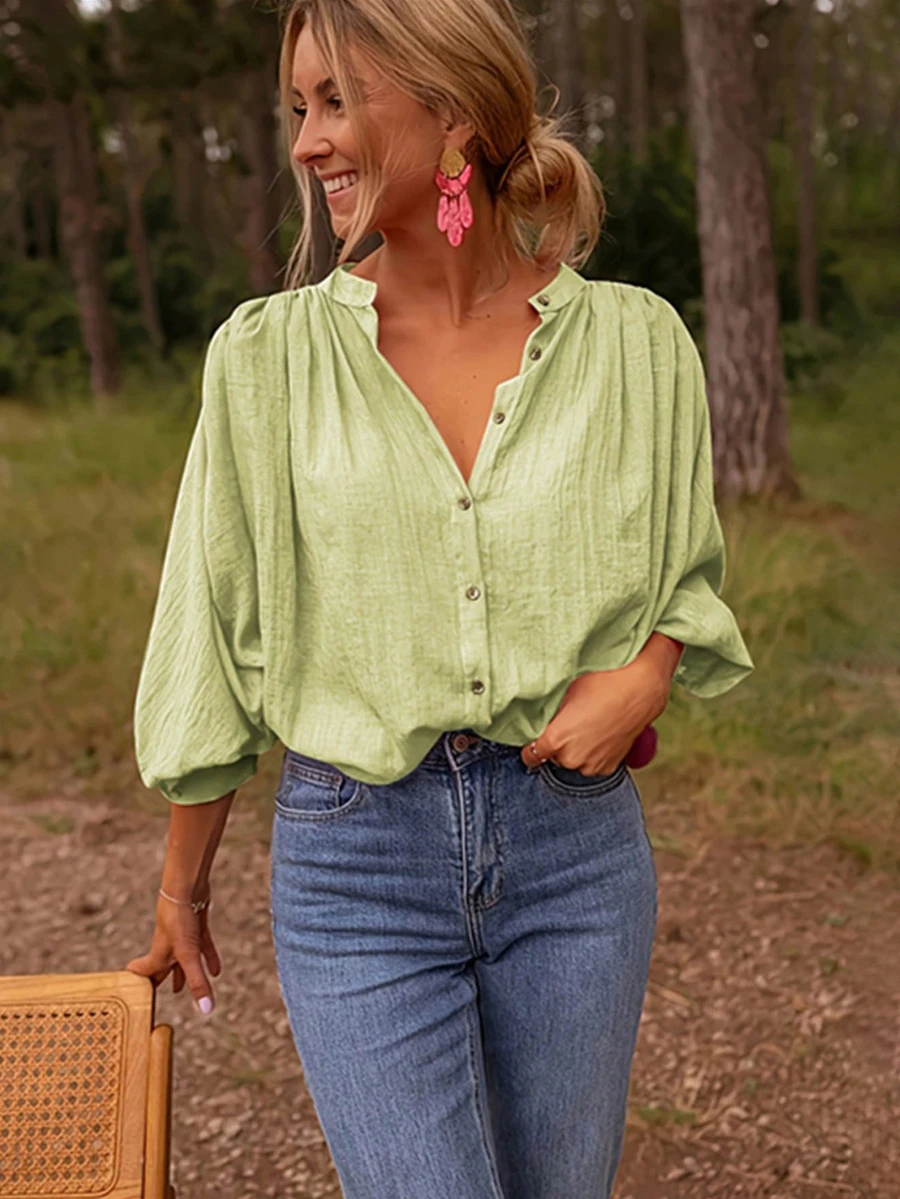 优雅女士轻质荷叶边喇叭袖纽扣衬衫 - 春夏宽松衬衫，涤纶面料，休闲时尚设计，经典领口别致春季上衣 - 綠色 - 查看 1