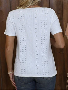 Perforated Embroidery Square Neck T-Shirt, Casual Short Sleeve Pleated Front Top, Women Apparel For Spring/Summer - White - View 3