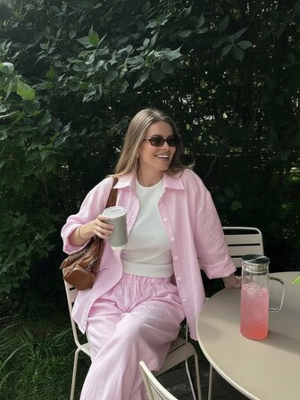 Women's Long Sleeve Top & Wide Leg Pants 2-Piece Set, Casual Elegant Outfit, Woven Fabric, Comfortable, Machine Washable, Classic Fashion, Minimalist Style, Suitable For Casual, Commute, Vacation, Date Night, Beach, Wedding, Garden, Street