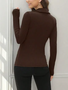 Women's Long Sleeve V-Neck Polo Shirt, Business Casual Collared Workwear, Slim Fit Basic Style, Autumn 2025 Spring - Coffee Brown - View 2