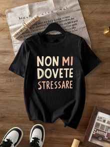 Women's Elegant Round Neck Short-Sleeved T-Shirt - Black With Bold "Non Mi Dovete Stressare" Italian, Spring And Summer Casual Wear, Women's T-Shirt,Autumn Outfits Women,Winter Clothes,Going Out Tops Women - Black - View 2