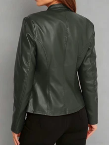 Jaket Kulit PU Wanita Kasual Modis Warna Polos Lengan Panjang Gaya Motor dengan Resleting, Cocok untuk Musim Semi, Gugur, dan Musim Dingin - Olive Green - View 2