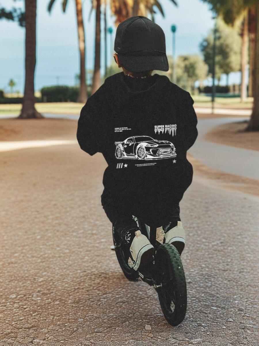 1 件男童休闲汽车印花连帽运动衫，学生保暖衬里套头衫，秋冬款