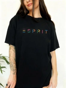 女款夏季ESPRIT字母图案印花圆领短袖简约休闲黑色日常大码T恤上衣 - 黑色 - 查看 1