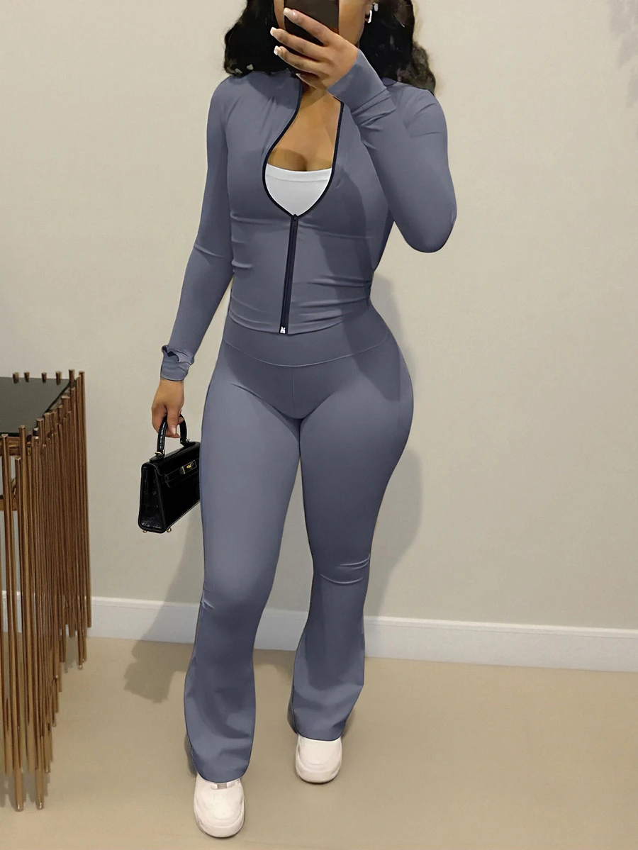 European And American Women's Fashion Autumn/Winter Zip Up Cardigan & Loose Wide Leg Pants 2 Pieces Set