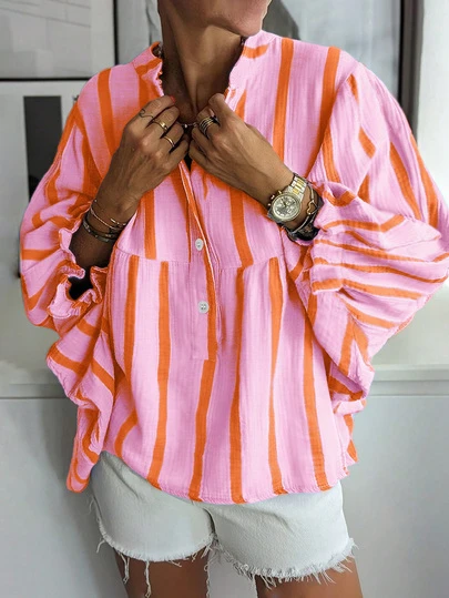 1pc Women Plus Size Casual V-Neck Ruffle Sleeve Striped Print Loose Blouse, Blue/Pink, Spring/Summer/Autumn