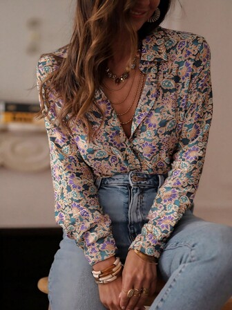 新款女式衬衫休闲波西米亚花卉四季长袖衬衫 - 多色印花纽扣优雅衬衫，适合日常休闲穿着、度假、正式场合、通勤、百搭，设计优雅，