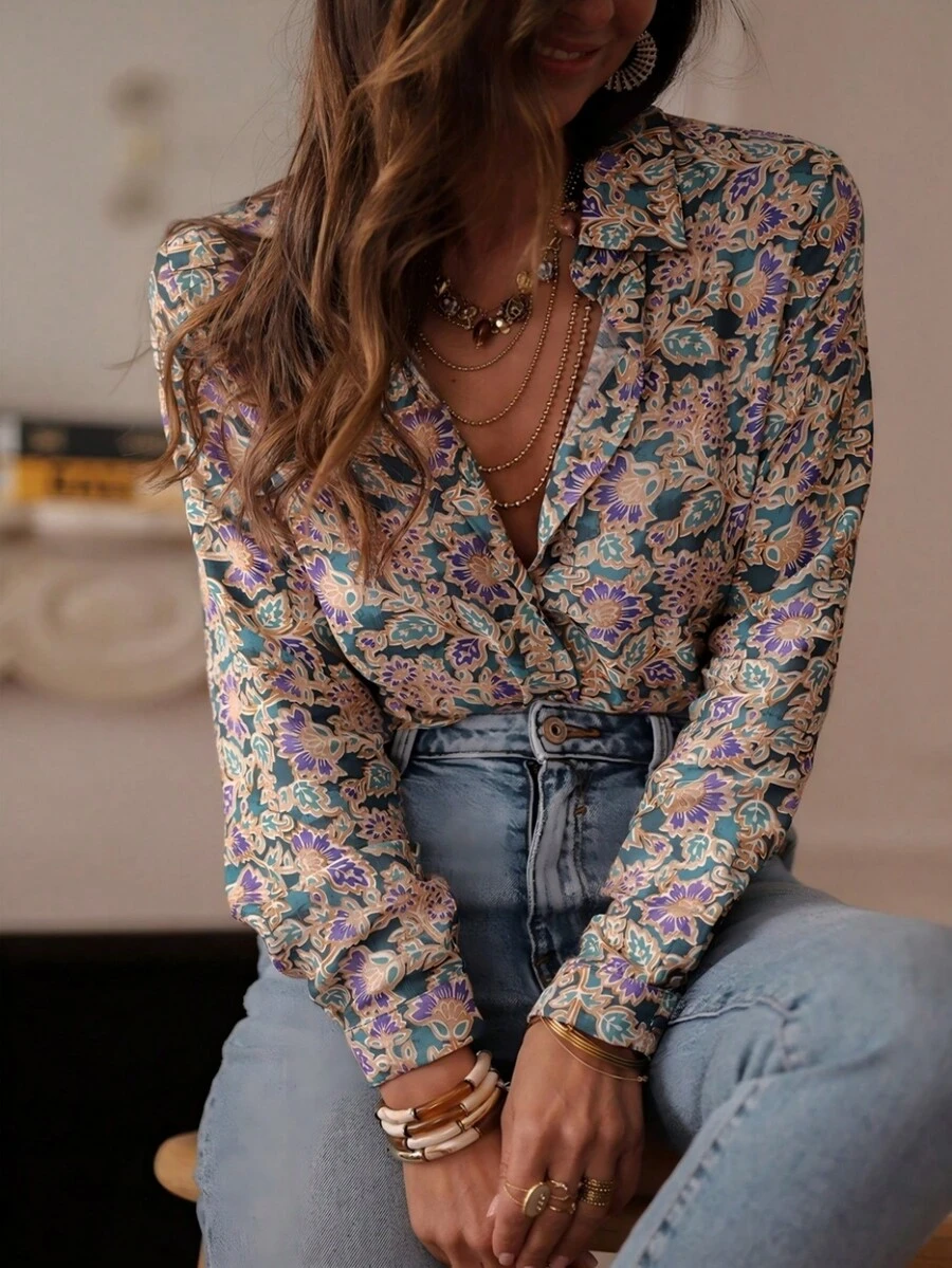 新款女式衬衫休闲波西米亚花卉四季长袖衬衫 - 多色印花纽扣优雅衬衫，适合日常休闲穿着、度假、正式场合、通勤、百搭，设计优雅， - 彩色 - 查看 1