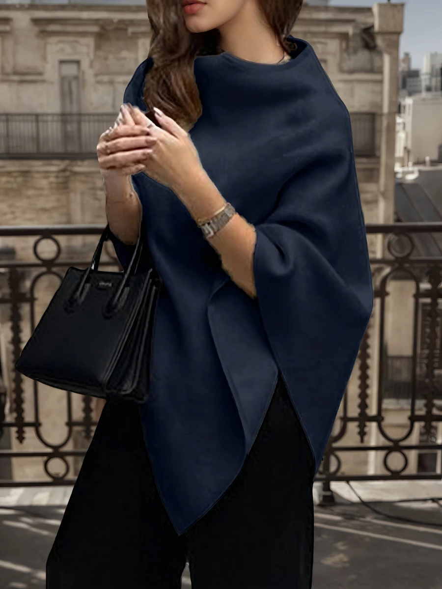 Ladies Solid Cowl Neck Knit Poncho, Fall Winter Versatile Outerwear