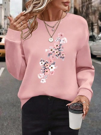 女士加大码秋冬季印花圆领休闲日常运动上衣，粉色和白色印花，送给爱花人士的完美礼物，一款美丽的花束主题秋冬季运动上衣。