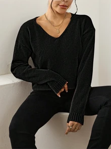 Boże Narodzenie Nowy Rok/Minimalistyczny jednolity kolor, luźny krój, wyszczuplający sweter typu pullover, jesień/zima, Boże Narodzenie Nowy Rok - Czarne - Zobacz 2