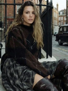 Suéter de cachemira vintage y único con patrón de diamantes en bloques de color, jersey informal y relajado de punto suave - Multicolor - Ver 4