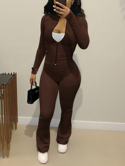 Autumn/Winter European And American Style Women's Fashion Zip-Up Cardigan, Fitted Top And Loose Wide-Leg Pants Set