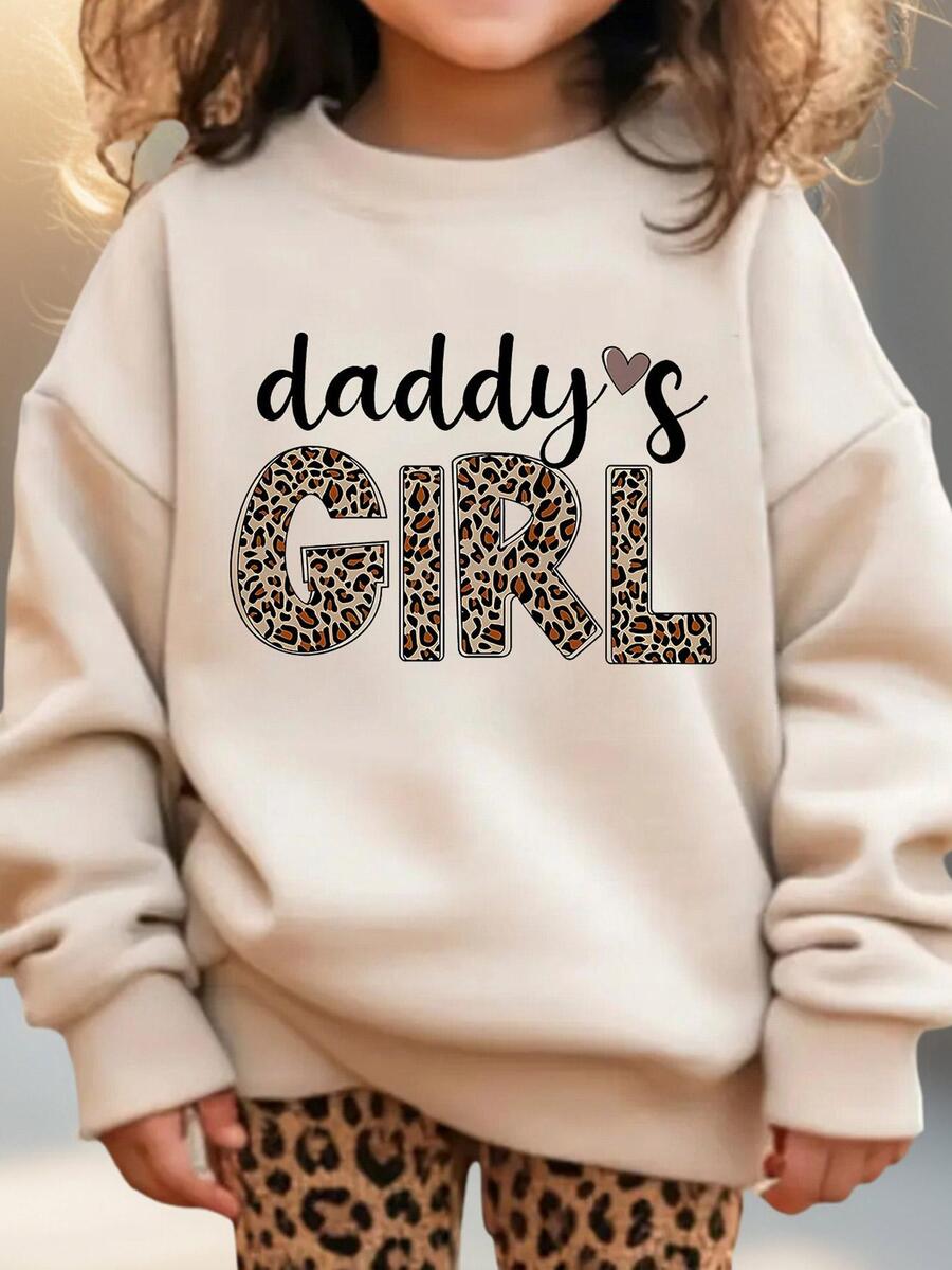 1pc Valentine's Day Girls Casual "DADDY'S GIRL" Print Crew Neck Sweatshirt, Autumn/Winter Student Young Children Long Sleeve Top - Leopard Print Fashionable And Cool, Suitable For Young Trendsetters - Apricot - View 1